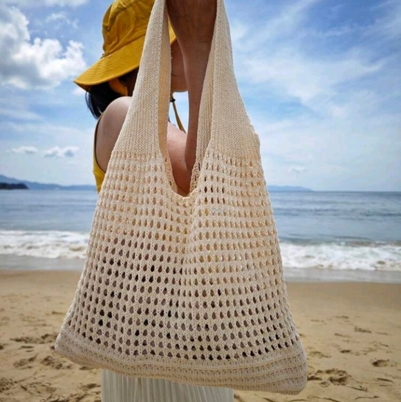 Boho Woven Beach Tote Bag – Natural Straw Summer Shoulder  Boho Crochet Apricot Cream Tote Shoulder Bag Beach Bag